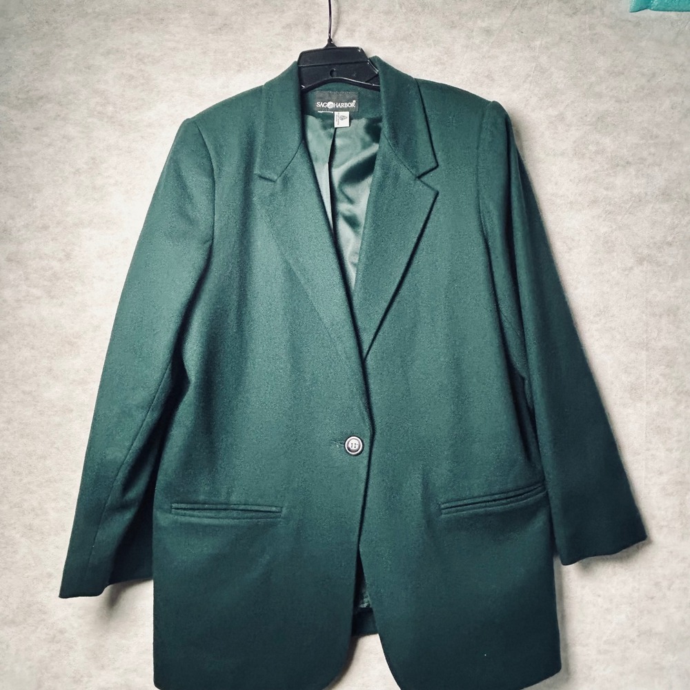 Sag Harbor Women's Dark Green Wool Blazer Size 14 Single Button Jacket
